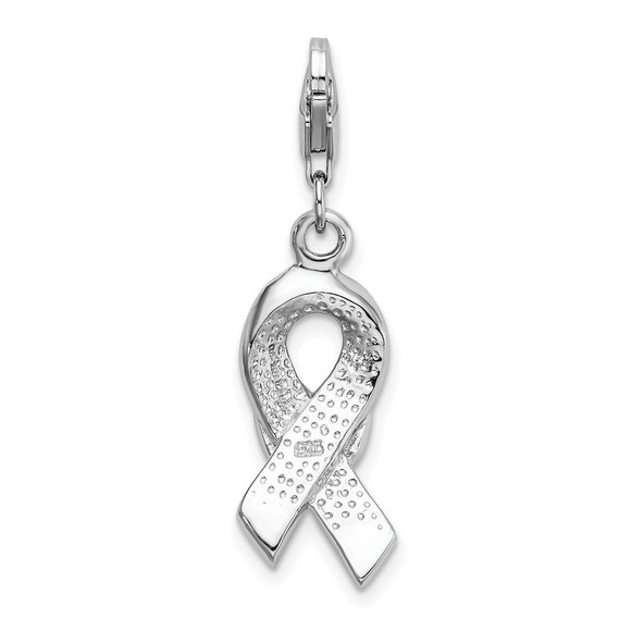 925 Silver 3-D Enameled CZ Pink Cancer Awareness Ribbon Heart Bracelet Charm - Picture 3 of 3